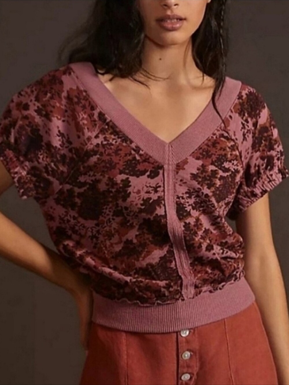 Pilcro Anthropologie Short Sleeve Sweatshirt Top Pink Purple Floral Womens Large
